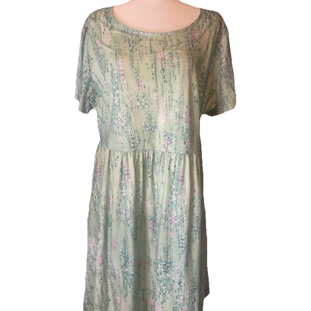 Green Pink Abstract Knit Knee Length Dress w/ Pockets Scoop Neck Short Sleeve